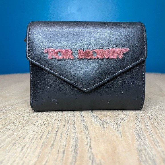 Off-White For Money Black Leather Wallet Fuchsia Pink Embroidered Velvet Effect
